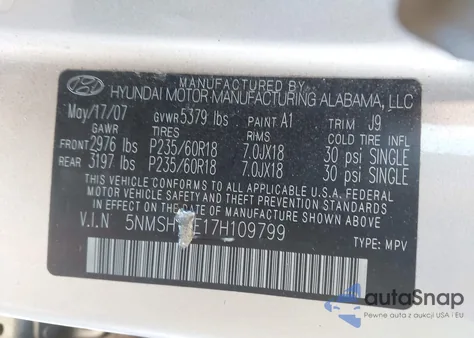 2007 Hyundai Santa Fe Limited/Se from USA, damaged, VIN 5NMSH13E17H109799